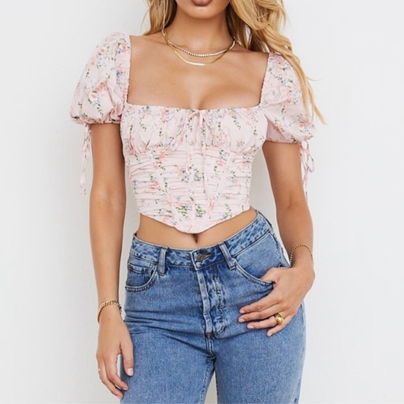 House of CB GRACIE PINK FLORAL PUFF SLEEVE CORSET TOP Size Large New with Tag - Picture 2 of 16